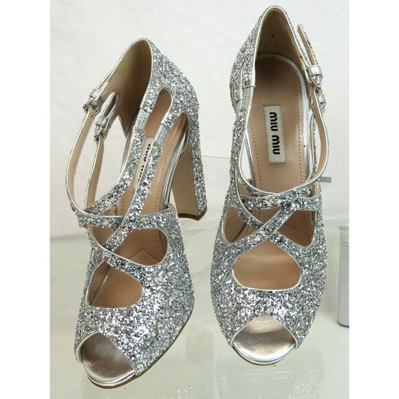 MIU MIU PRADA SILVER GLITTER LEATHER 5K880C BUCKLE CRISSCROSS PEEP TOE PUMPS 36 - Picture 11 of 12